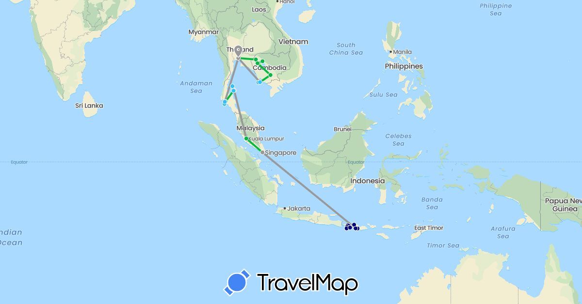 TravelMap itinerary: driving, bus, plane, boat in Indonesia, Cambodia, Malaysia, Singapore, Thailand (Asia)